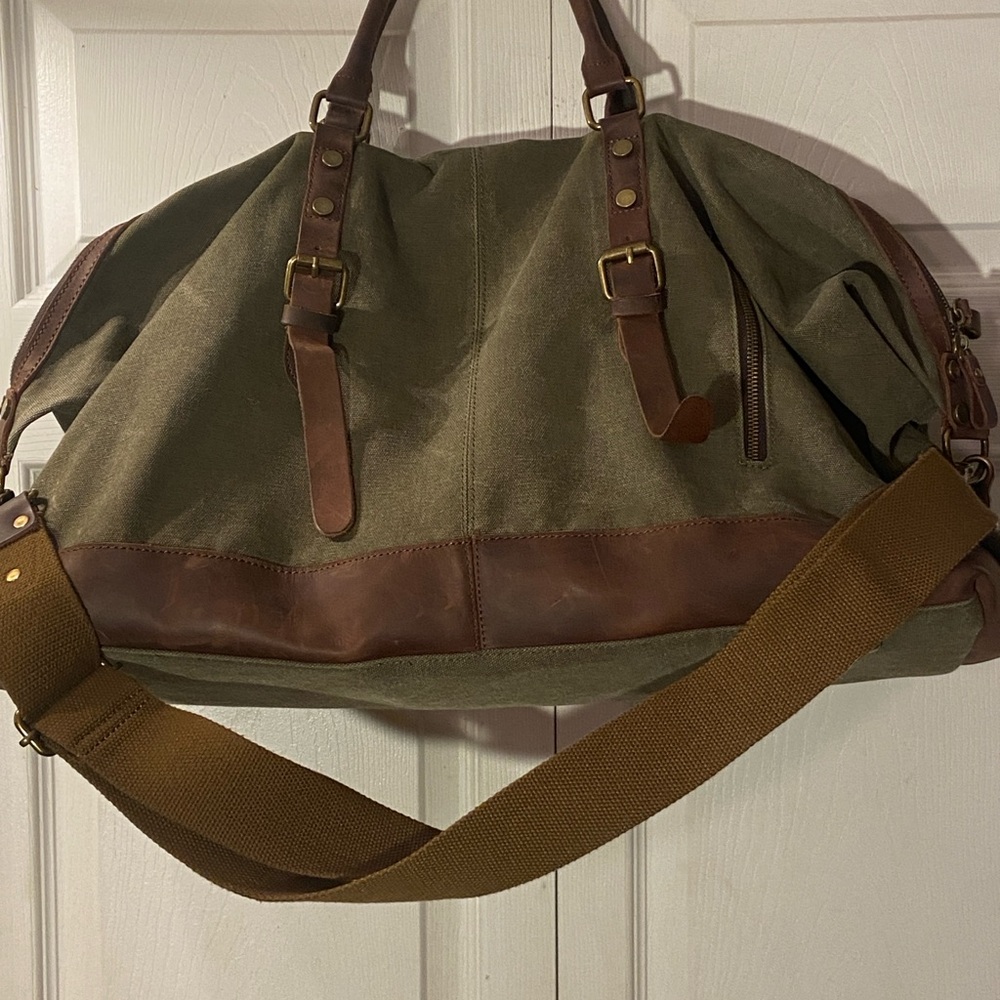 S-ZONE Duffle Green Canvas Brown Leather Trim  Carry on Weekender Travel Bag